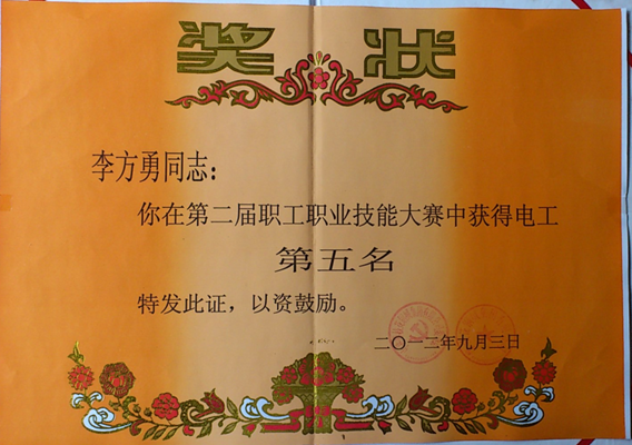 “钢城集团公司职业技能大赛”电工第五名